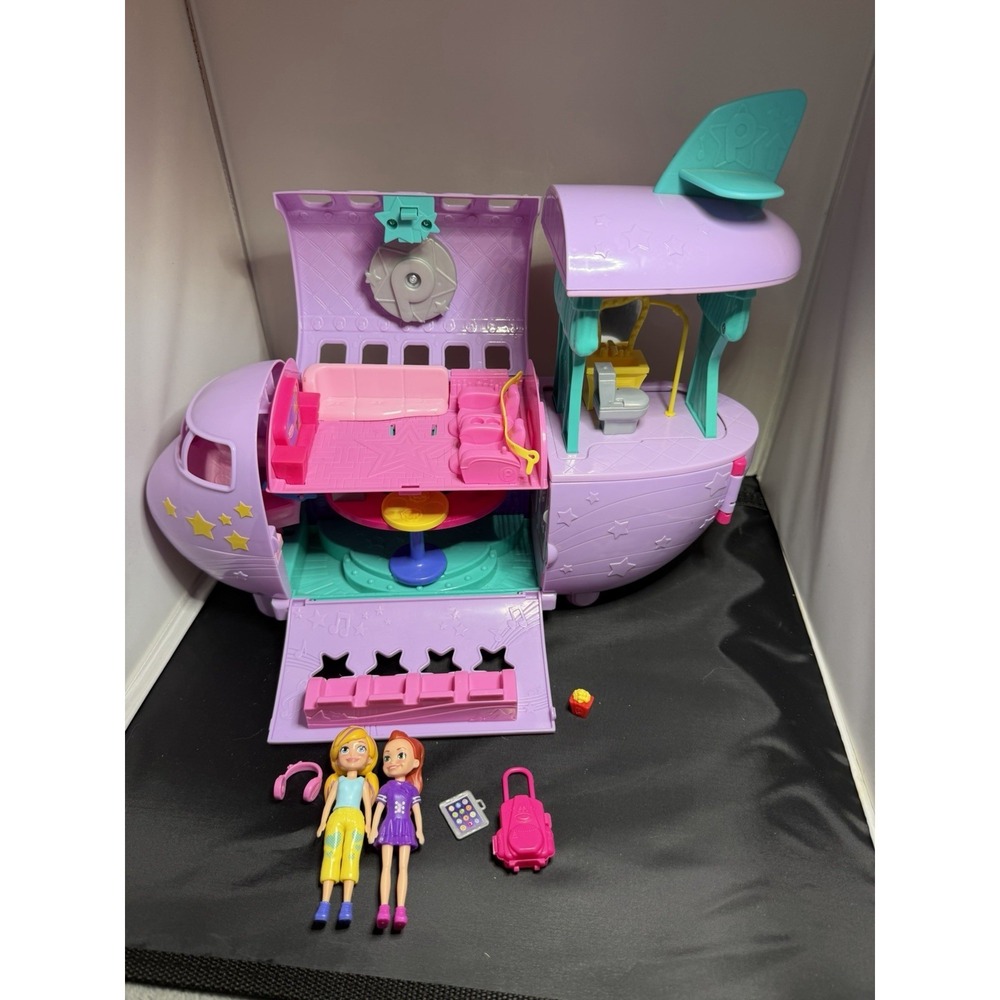 Polly Pocket Airplane Jet Playset w/ 2 Dolls Suitcase Tablet Headphones